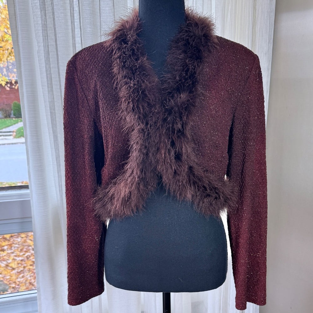 Vintage 80s bolero, burgundy gold thread, marabout feathers, Joseph Ribkoff, 8